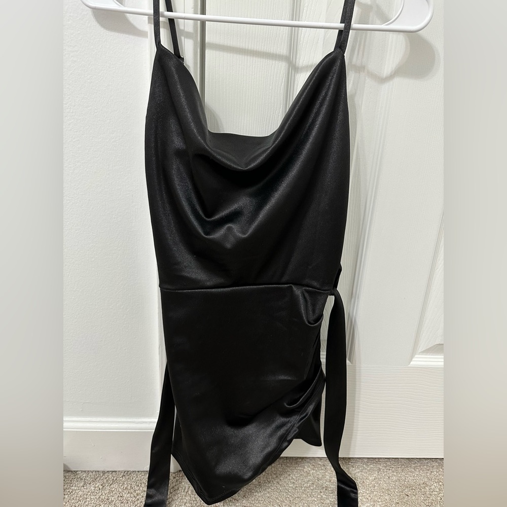 Black Satin Cow-Neck Mini Dress